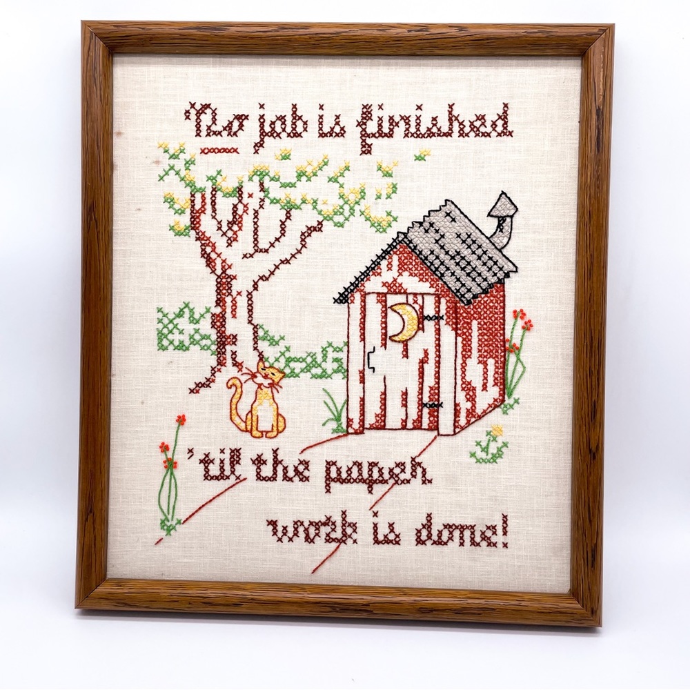 Vintage Cross Stitch Bathroom Sign No Job is Finished Wall Hanging